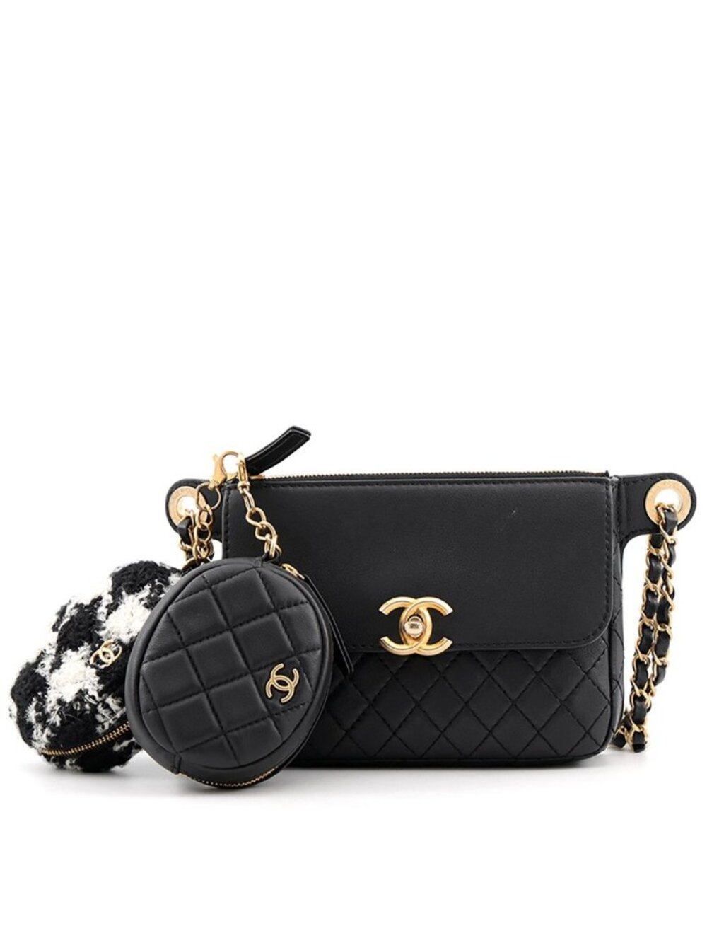 Chanel Waist Bag CC Logo Quilted Leather Tweed Black